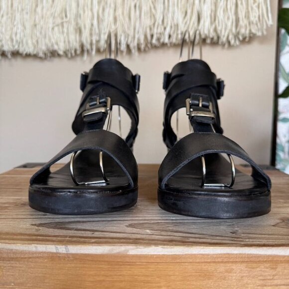 Surface to Air Black Leather Double Ankle Wrap Silver Buckle Block Heel Sandal - Picture 4 of 15